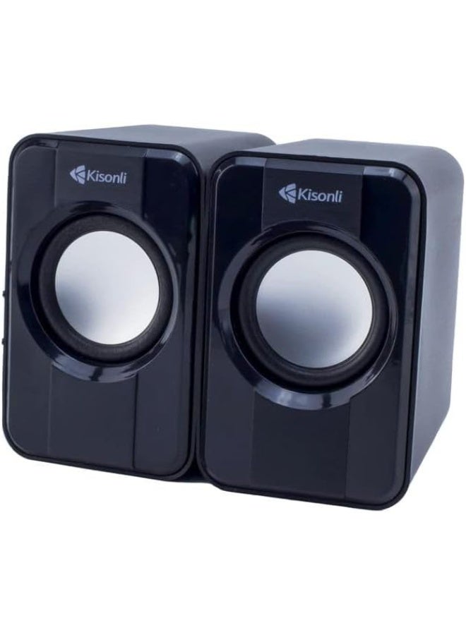 Kisonli S-444 Multimedia 2.0 USB Powered Mini Speaker for Laptop & Desktop PC – Stereo Sound, 3.5mm AUX Input, Compact Design, Volume Control – Black - Image 1